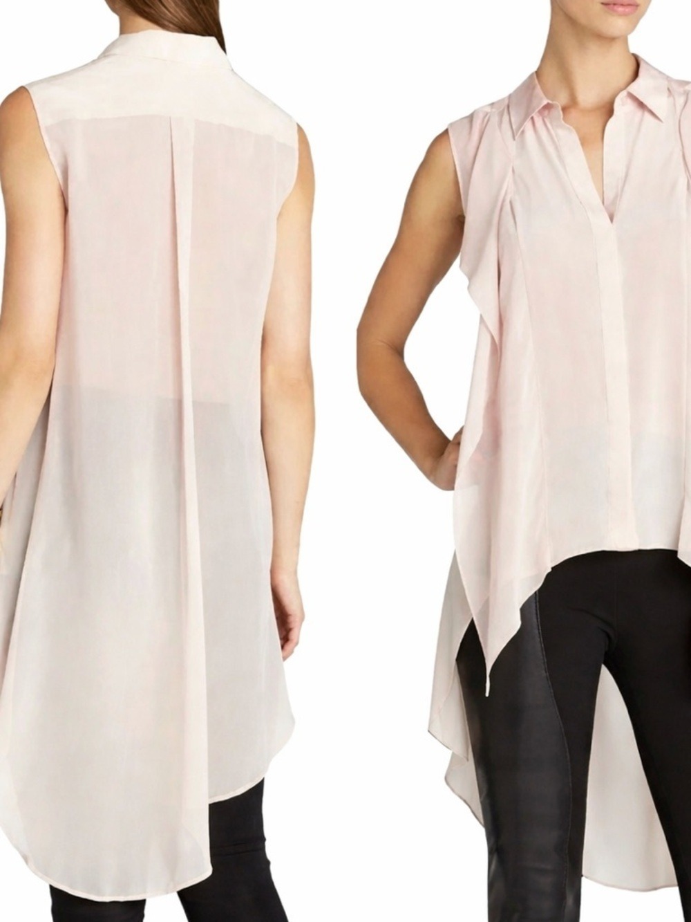 BCBG MAX AZRIA 100% Silk Bare Pink Kaley Sheer Sleeveless High Low Tunic Top XXS